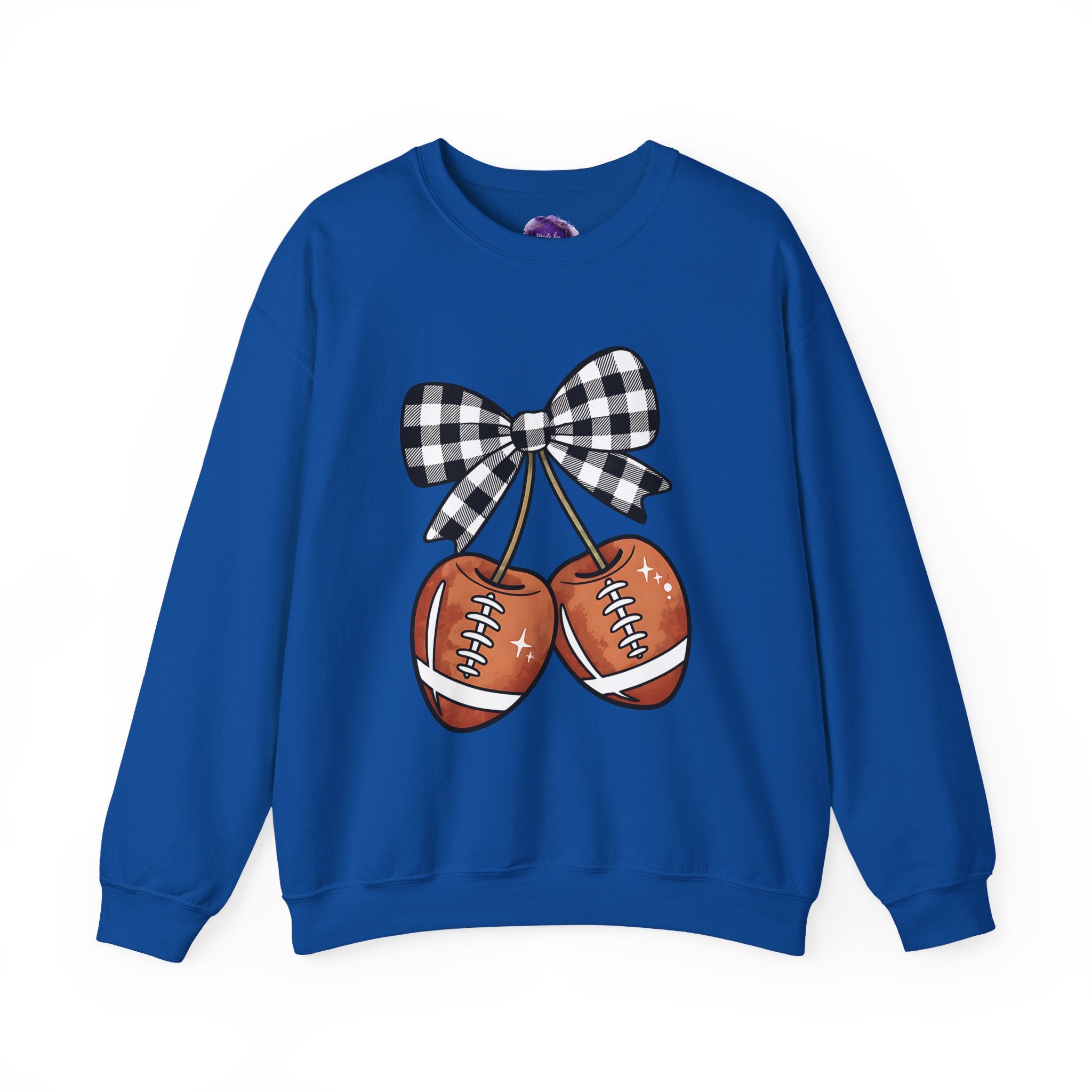 Checkered Coquette Bow, Football themed "Cherries", Unisex Crewneck Sweatshirt, Perfect for Game Days, Sports Fan Apparel, Cozy Sweatshirt Gift, Football
