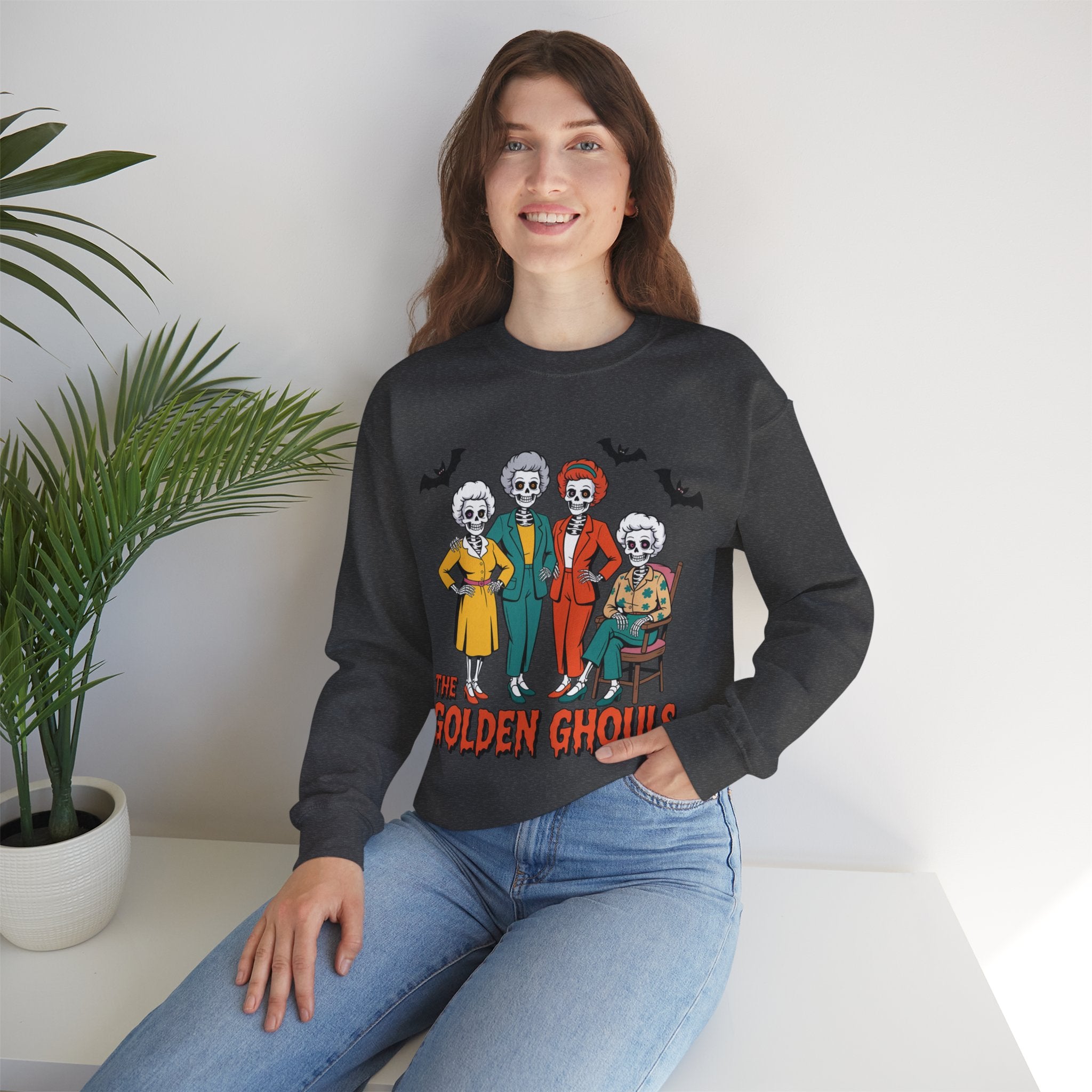 Golden Ghouls Sweatshirt, Halloween Crewneck, Vintage-Inspired Pullover, Cozy Fall Wear, Gift for Horror Fans