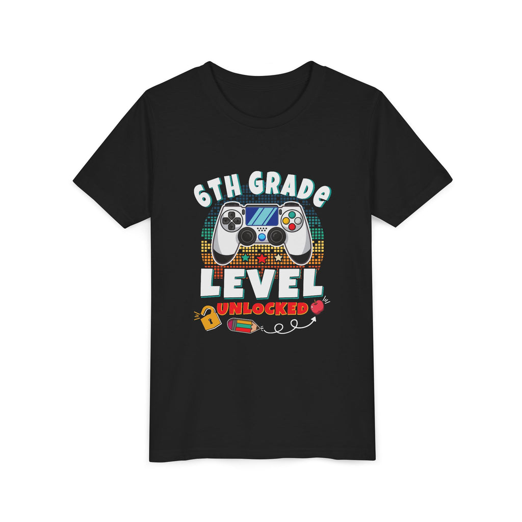 6th GRADE LEVEL UNLOCKED Youth Tee - Fun T-Shirt, Gaming Shirt, Kids Birthday Gift, Back to School, Video Game Lover