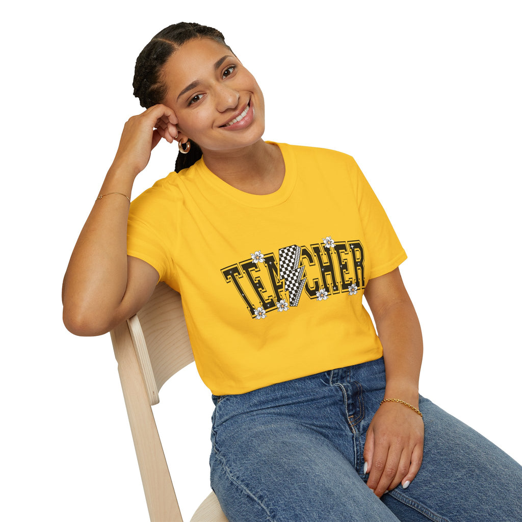 TEACHER  Unisex T-Shirt - lightning bolt, black and white checker, small flowers