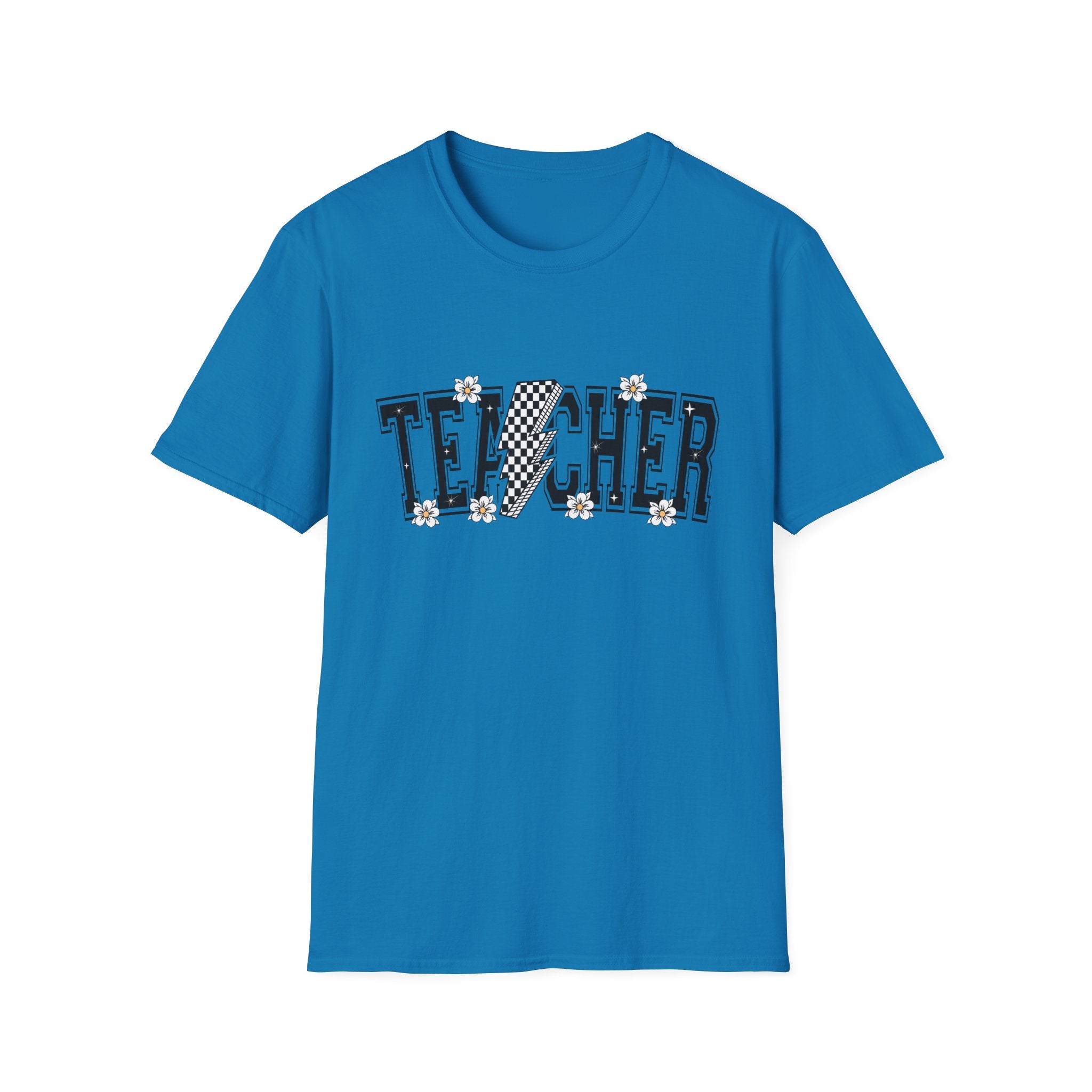 TEACHER  Unisex T-Shirt - lightning bolt, black and white checker, small flowers