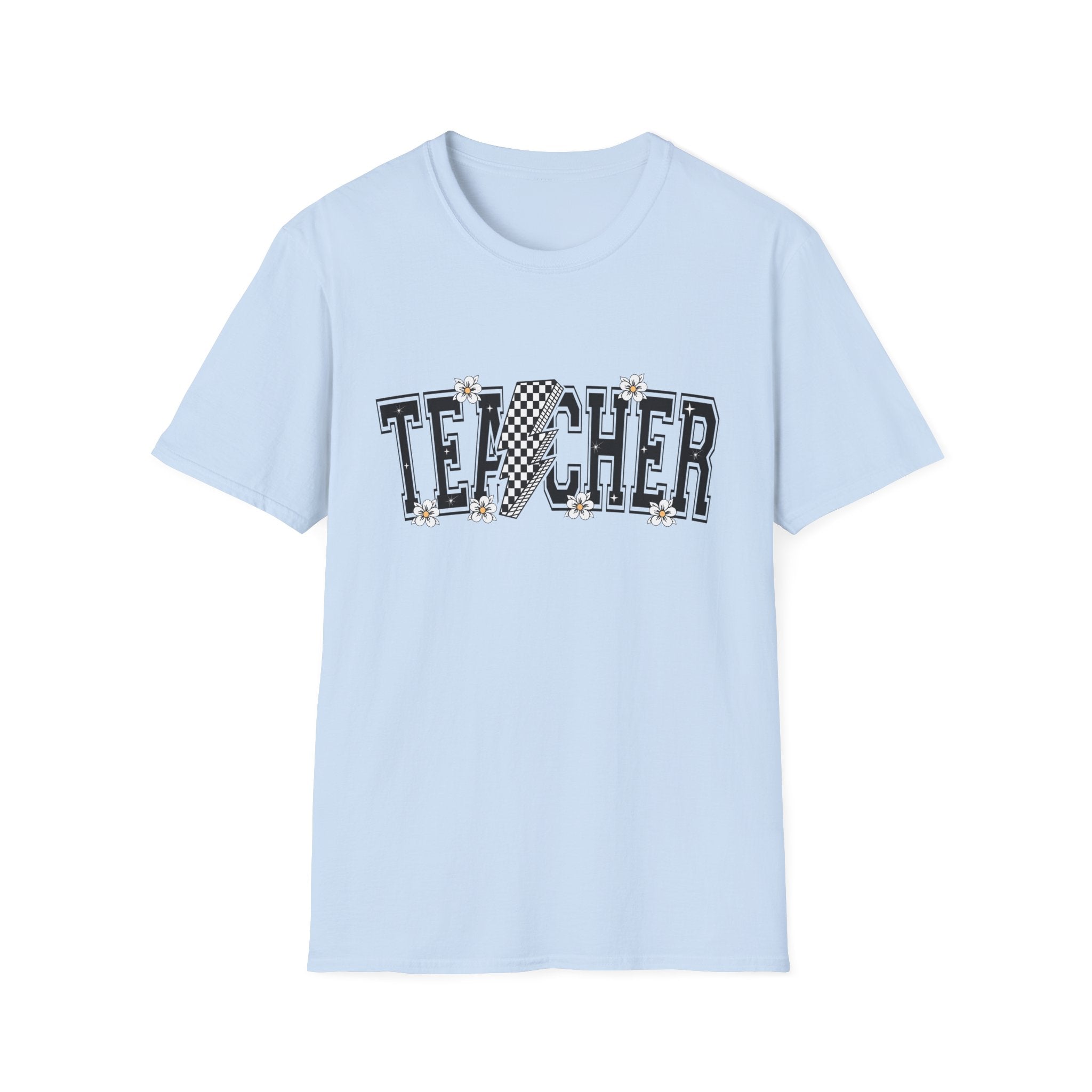 TEACHER  Unisex T-Shirt - lightning bolt, black and white checker, small flowers