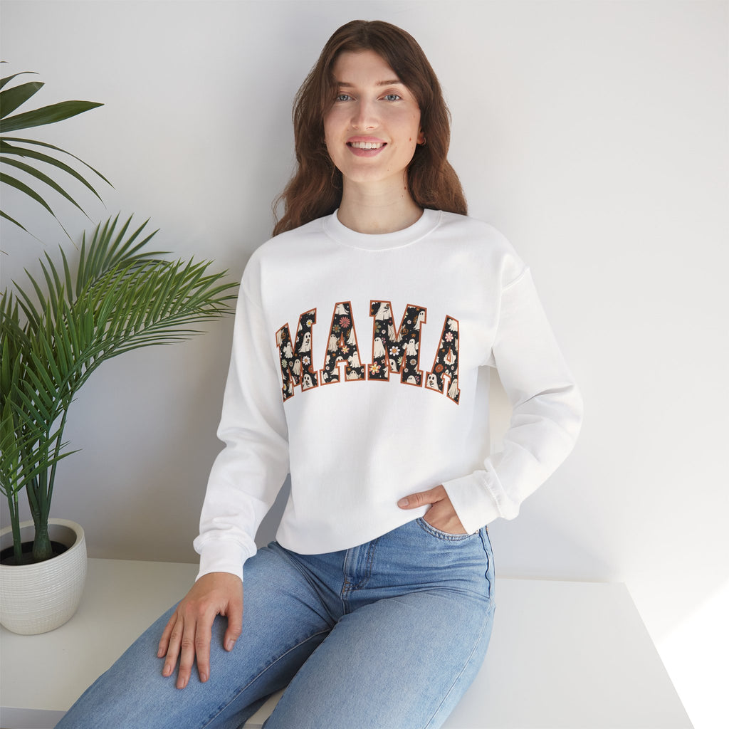 Mama Sweatshirt with ghost and flower pattern, Cozy Crewneck for Moms, Mother's Day Gift, Family Matching Outfit, Casual Everyday Wear