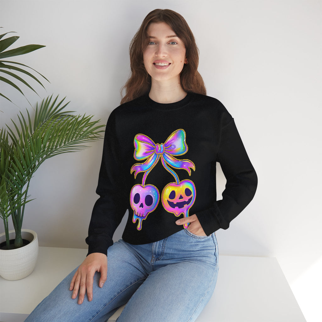 Bow with Skull and Pumpkin, Halloween Sweatshirt, Ghosts, Pink Pumpkins and Flowers, Cozy Halloween Apparel, Unisex Crewneck, Fall Fashion, Spooky Season Gift, Themed Clothing