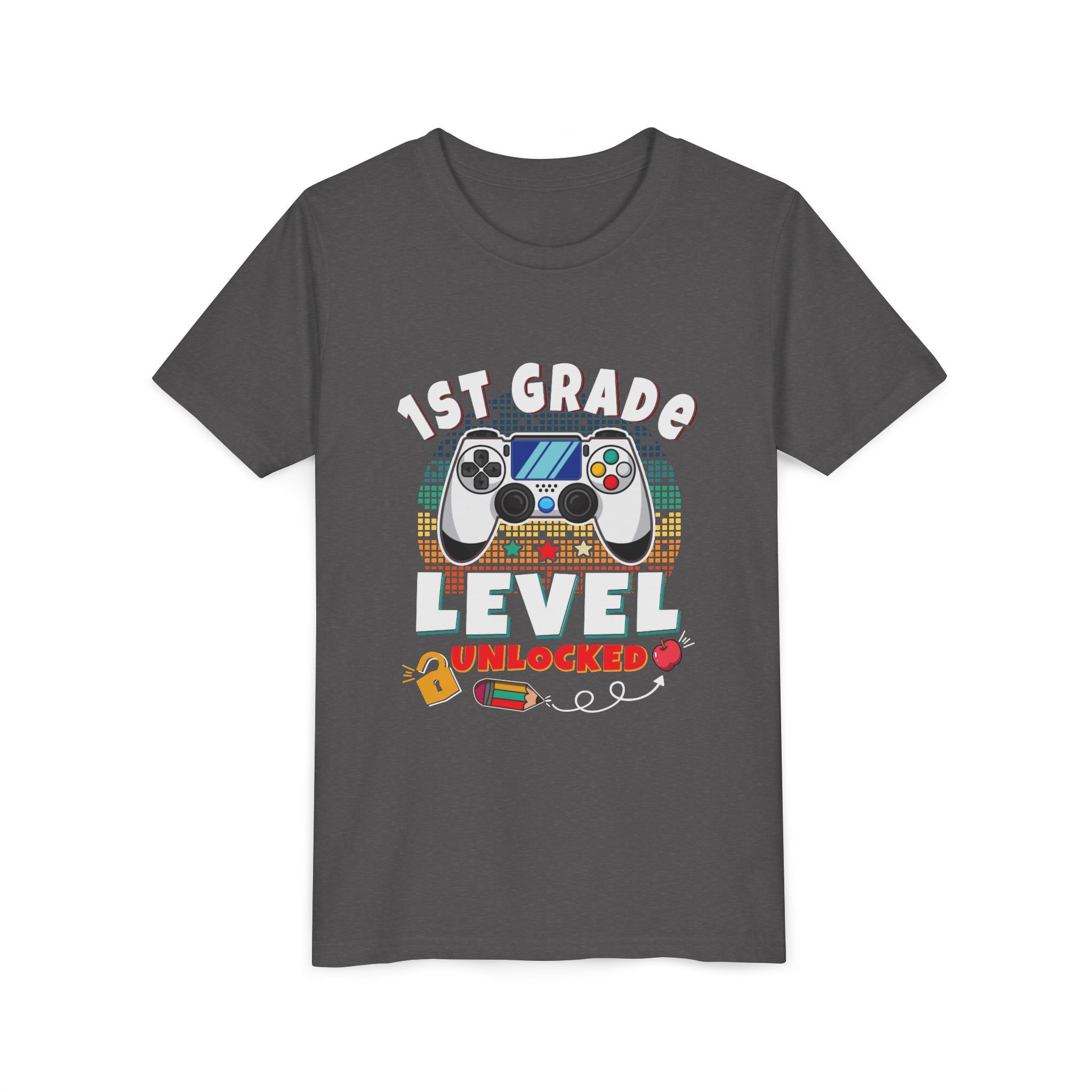 1st GRADE LEVEL UNLOCKED Youth Tee - Fun T-Shirt, Gaming Shirt, Kids Birthday Gift, Back to School, Video Game Lover