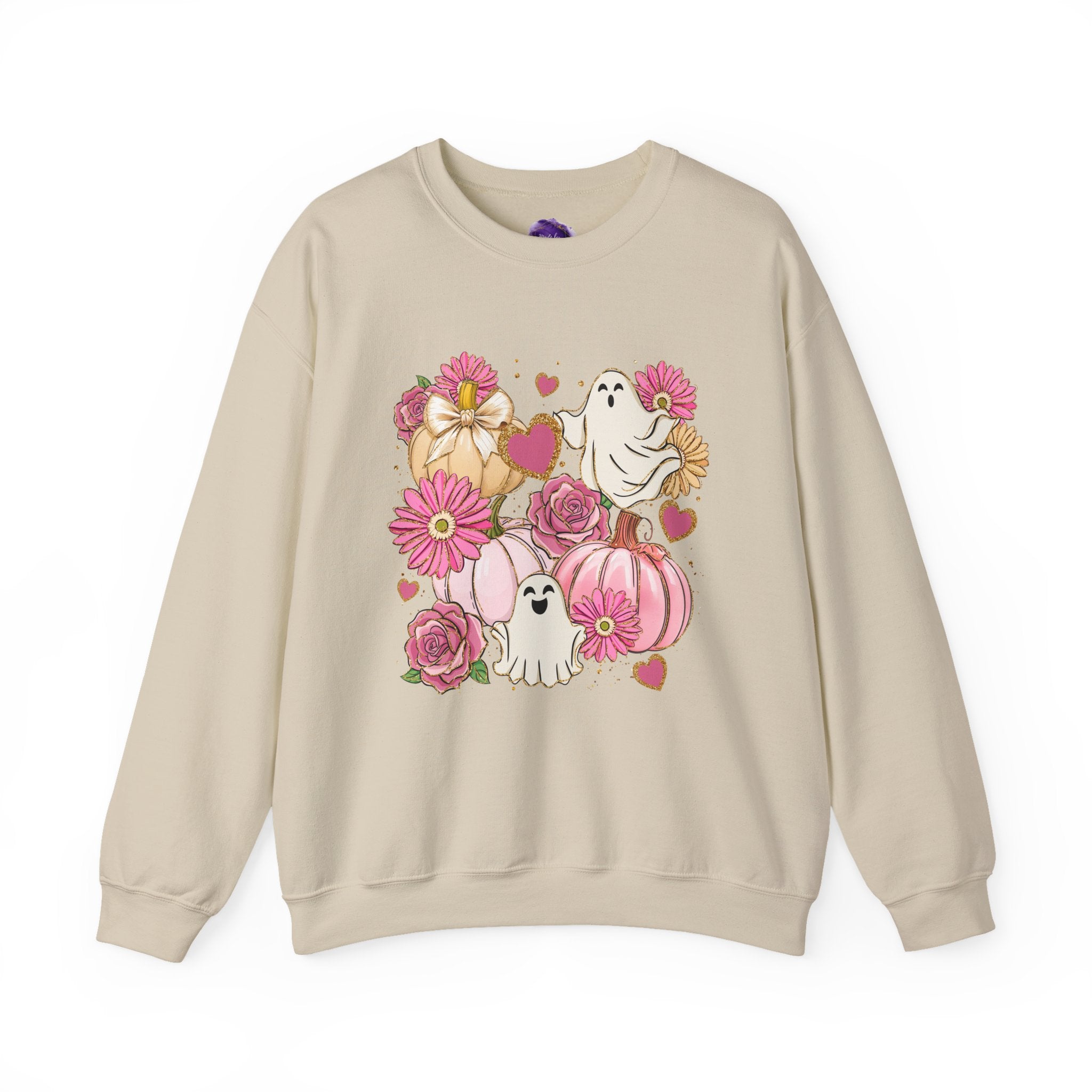 Halloween Sweatshirt, Ghosts, Pink Pumpkins and Flowers, Cozy Halloween Apparel, Unisex Crewneck, Fall Fashion, Spooky Season Gift, Themed Clothing