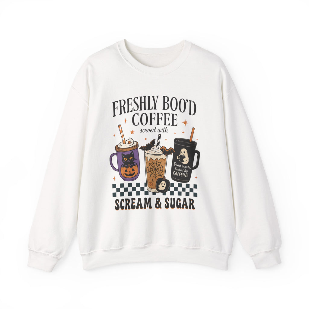 Freshly Boo'd Coffee, Spooky Coffee Sweatshirt, Halloween apparel, Unisex crewneck, Cozy gift, Fall fashion, Pumpkin spice lover