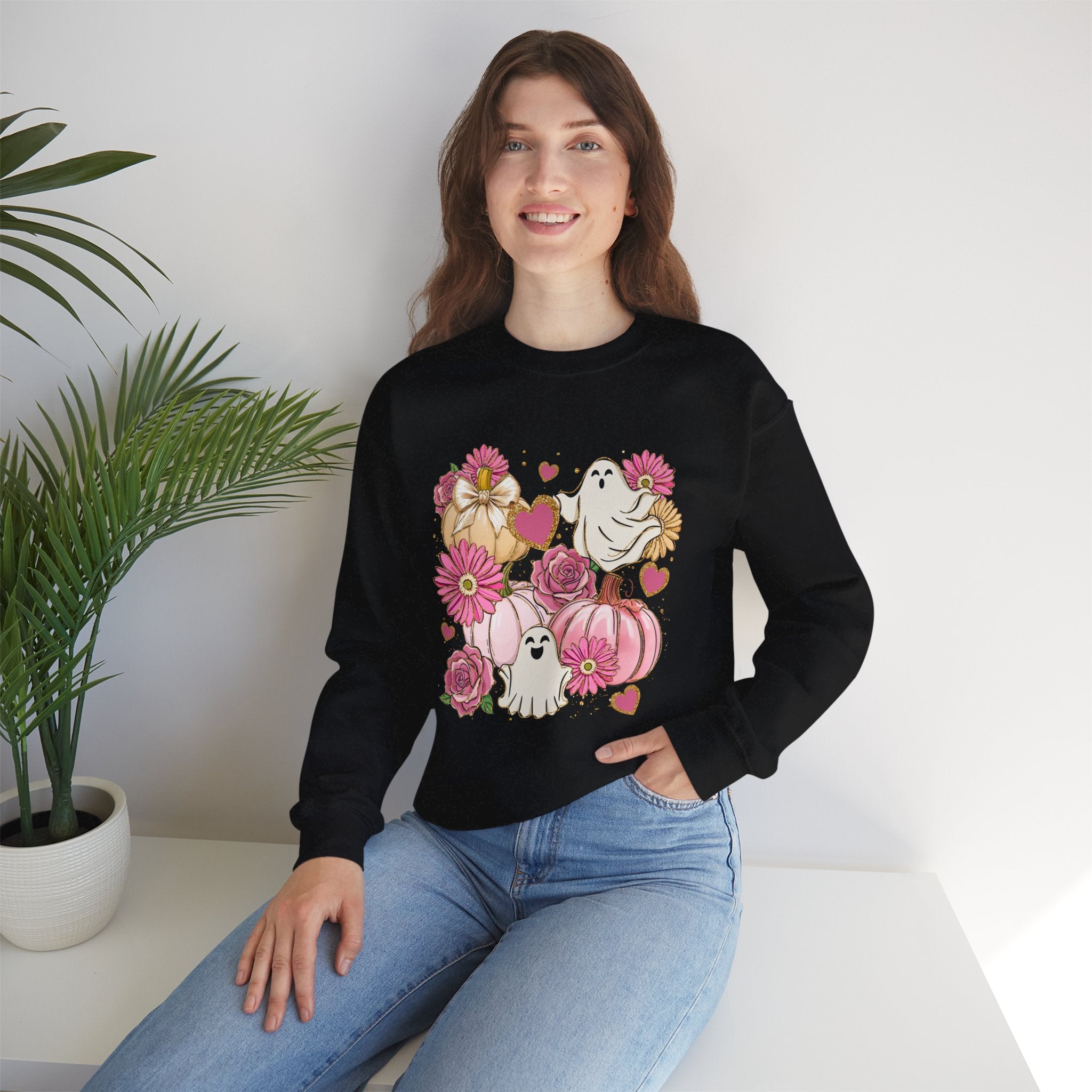 Halloween Sweatshirt, Ghosts, Pink Pumpkins and Flowers, Cozy Halloween Apparel, Unisex Crewneck, Fall Fashion, Spooky Season Gift, Themed Clothing