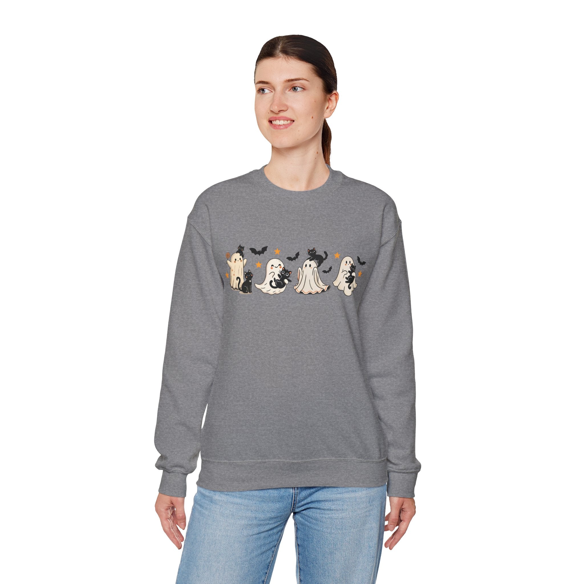 Ghosts, Cats and Bats/ Halloween Sweatshirt, Cozy Halloween Apparel, Unisex Crewneck, Fall Fashion, Spooky Season Gift, Themed Clothing