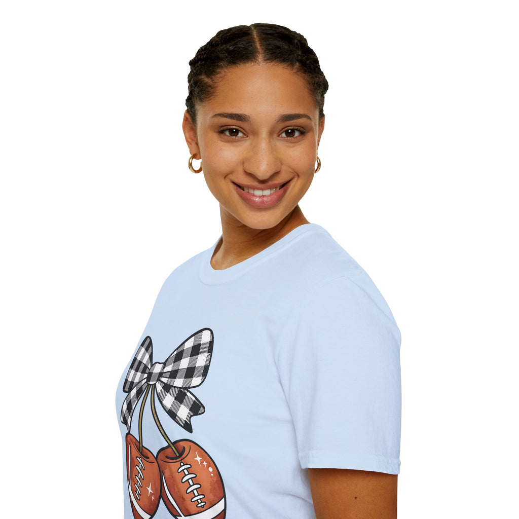 CHECKERED COQUETTE BOW Mom T-Shirt, Football themed "Cherries", Unisex Tee, Sporty Apparel for Game Day, Perfect for Football Moms, Great Gift Idea, Sports Fan Apparel