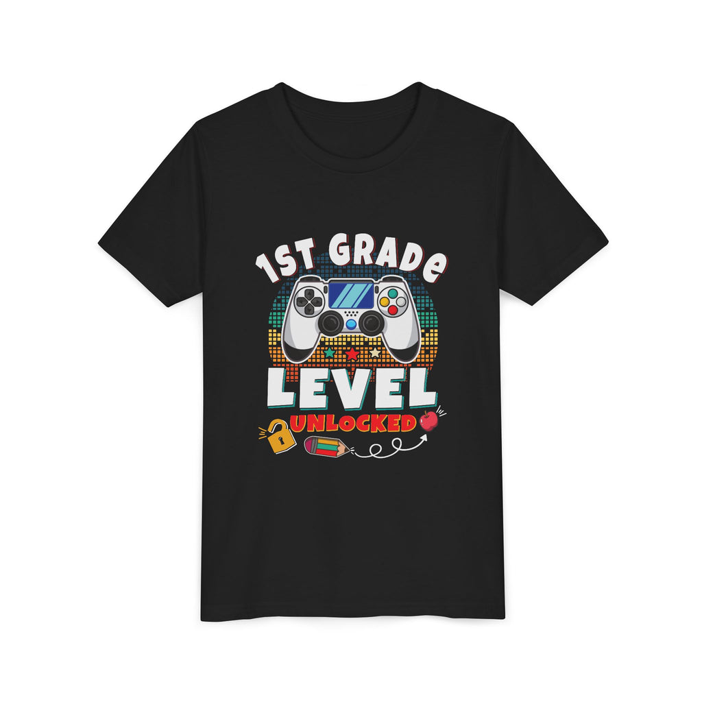 1st GRADE LEVEL UNLOCKED Youth Tee - Fun T-Shirt, Gaming Shirt, Kids Birthday Gift, Back to School, Video Game Lover