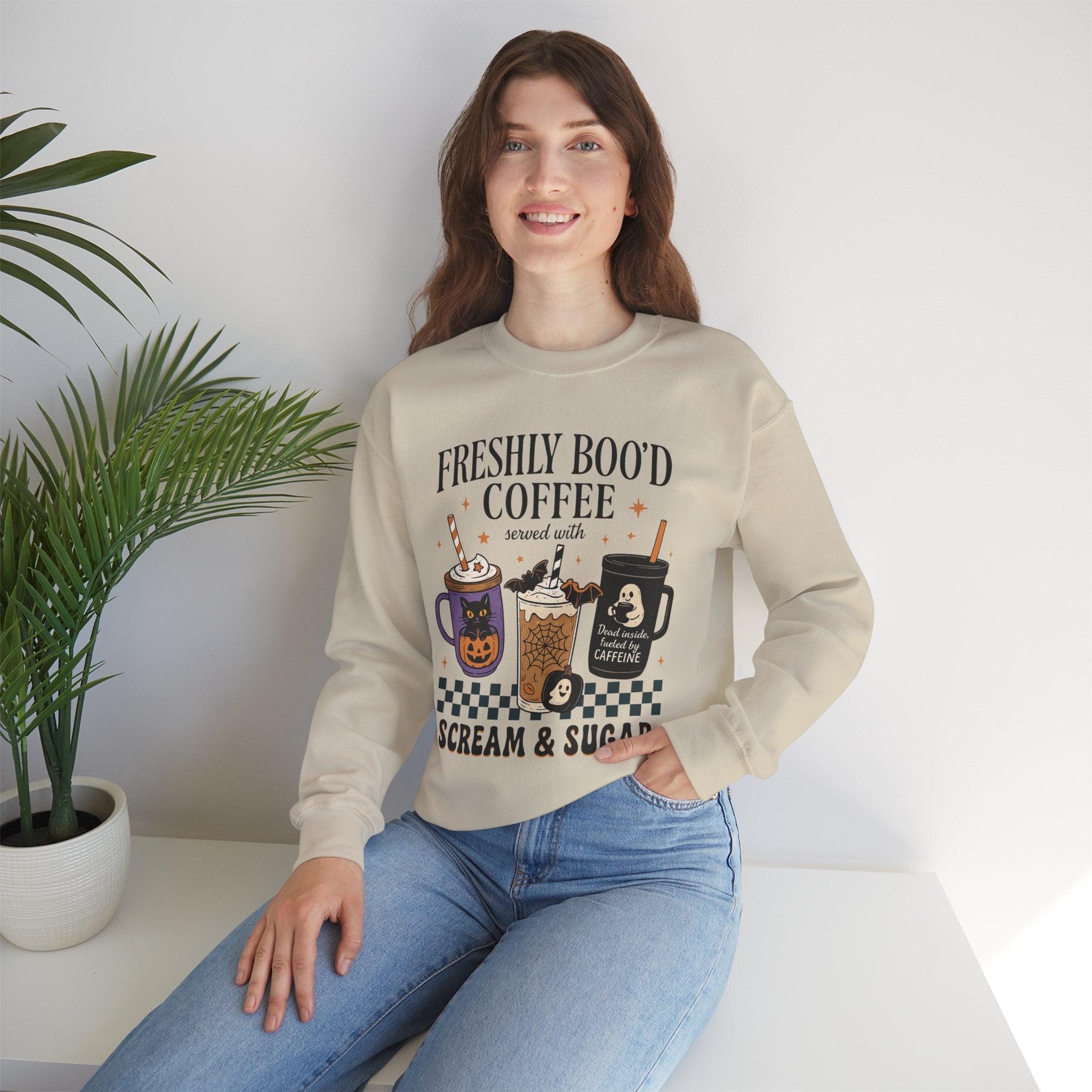 Freshly Boo'd Coffee, Spooky Coffee Sweatshirt, Halloween apparel, Unisex crewneck, Cozy gift, Fall fashion, Pumpkin spice lover