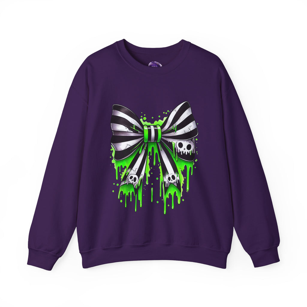 Bow with Skulls, Halloween Sweatshirt, Ghosts, Pink Pumpkins and Flowers, Cozy Halloween Apparel, Unisex Crewneck, Fall Fashion, Spooky Season Gift, Themed Clothing