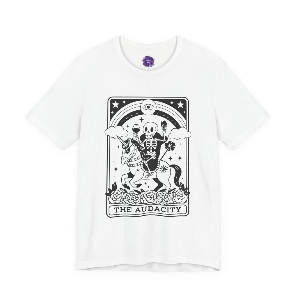 THE AUDACITY, Tarot card, Skeleton Unicorn Tee: The Audacity, Fun Graphic Tee, Unisex Fashion, Casual Outfit, Gift for Halloween, Unique T-Shirt