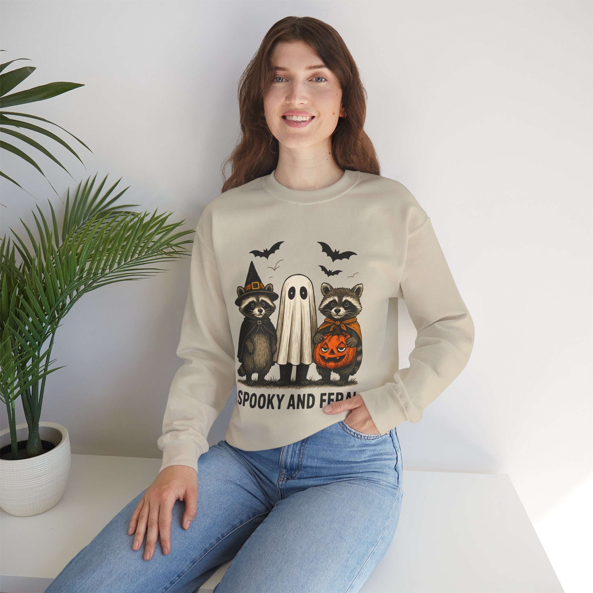 Spooky and Feral/ Raccoons in Costumes, Unisex Crewneck, Fall Fashion, Spooky Season Gift, Themed Clothing