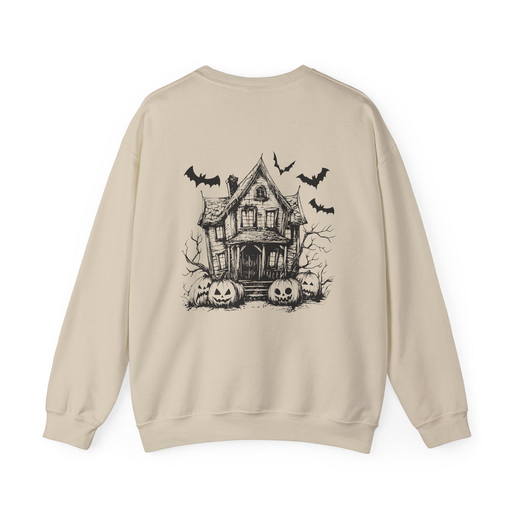 Spooky Season, Bats and Haunted House/ Halloween Sweatshirt, Ghosts, Pink Pumpkins and Flowers, Cozy Halloween Apparel, Unisex Crewneck, Fall Fashion, Spooky Season Gift, Themed Clothing