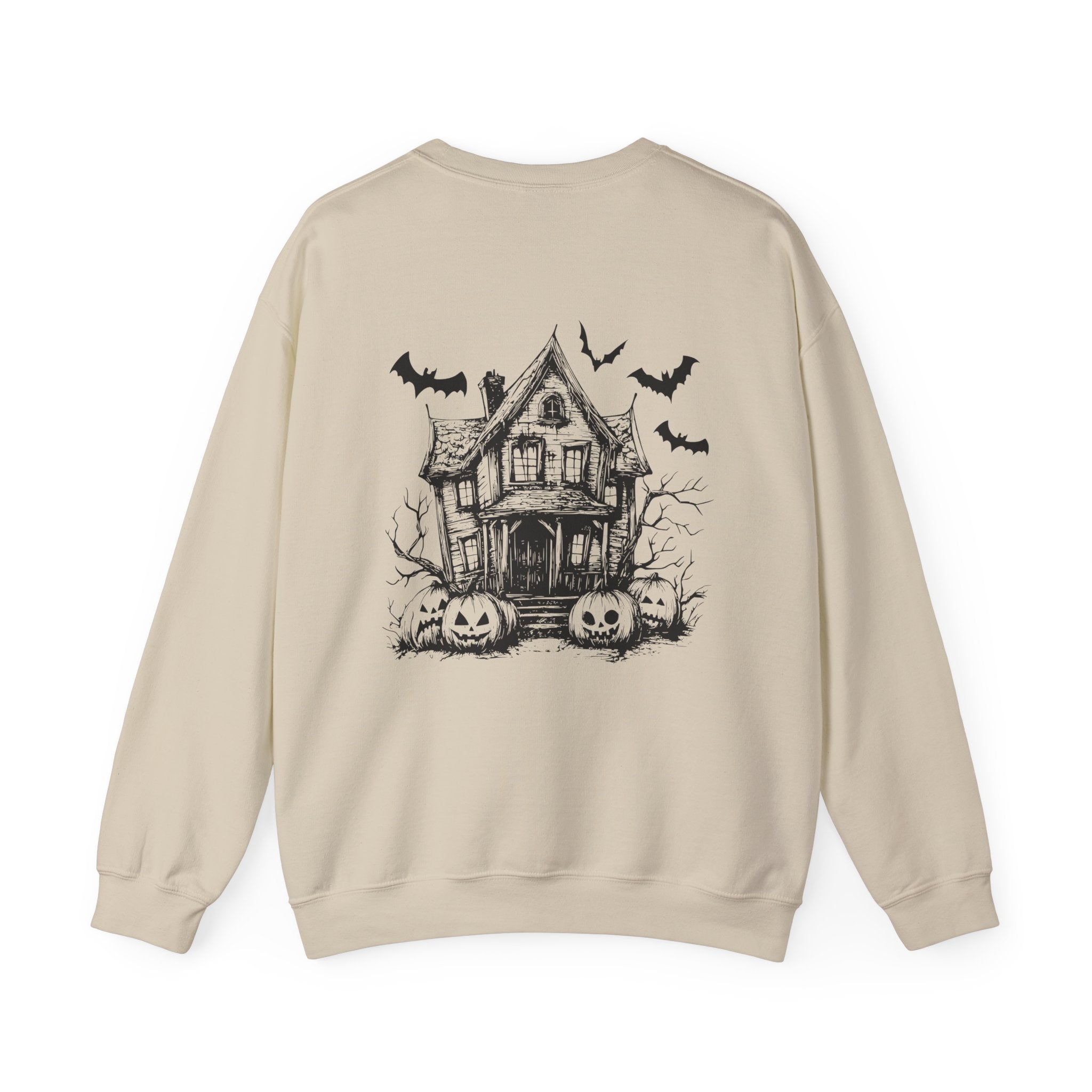 Spooky Season, Bats and Haunted House/ Halloween Sweatshirt, Ghosts, Pink Pumpkins and Flowers, Cozy Halloween Apparel, Unisex Crewneck, Fall Fashion, Spooky Season Gift, Themed Clothing