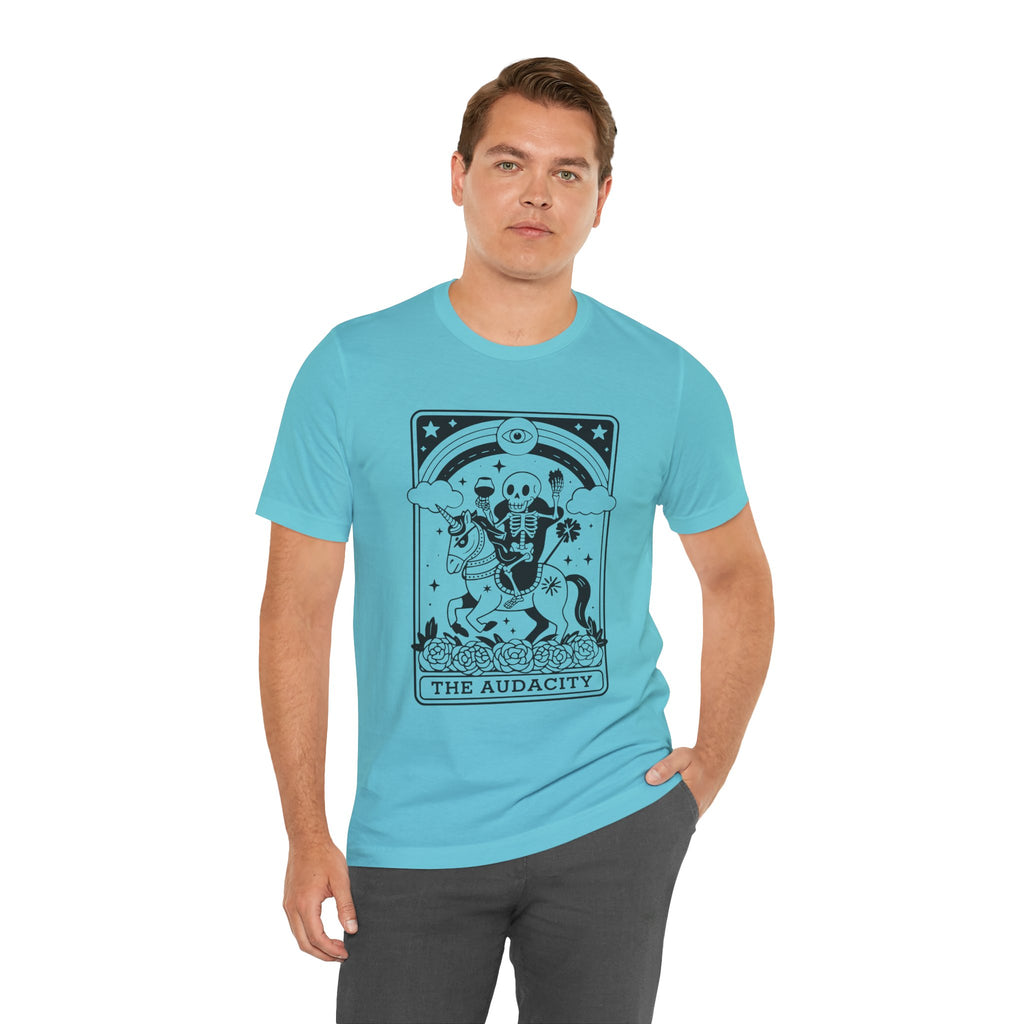 THE AUDACITY, Tarot card, Skeleton Unicorn Tee: The Audacity, Fun Graphic Tee, Unisex Fashion, Casual Outfit, Gift for Halloween, Unique T-Shirt