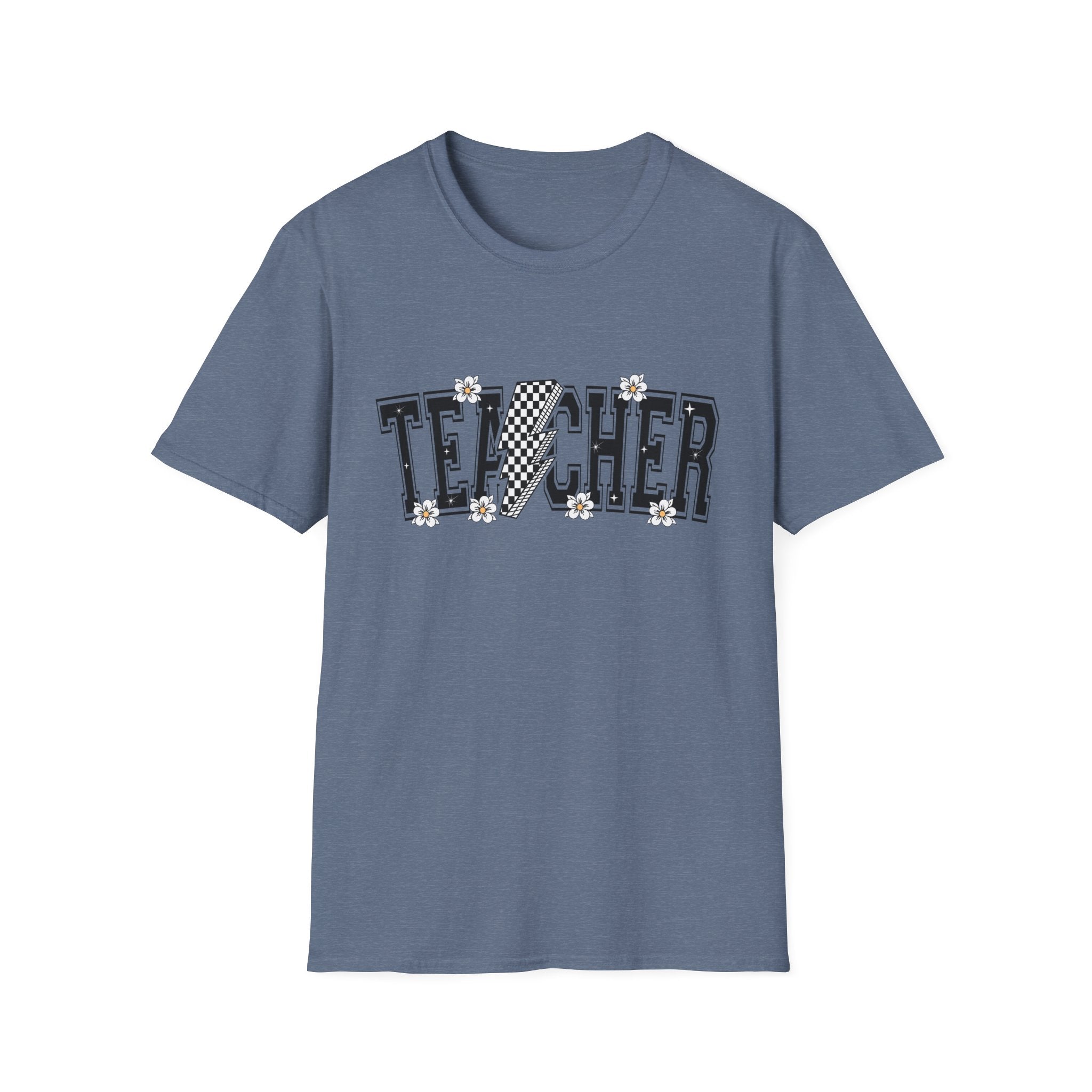 TEACHER  Unisex T-Shirt - lightning bolt, black and white checker, small flowers
